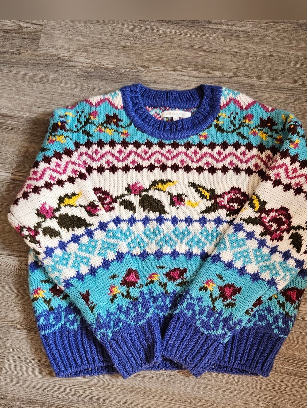 Urban Revivo Blue Multi-Pattern Fair Isle Crewneck Sweater